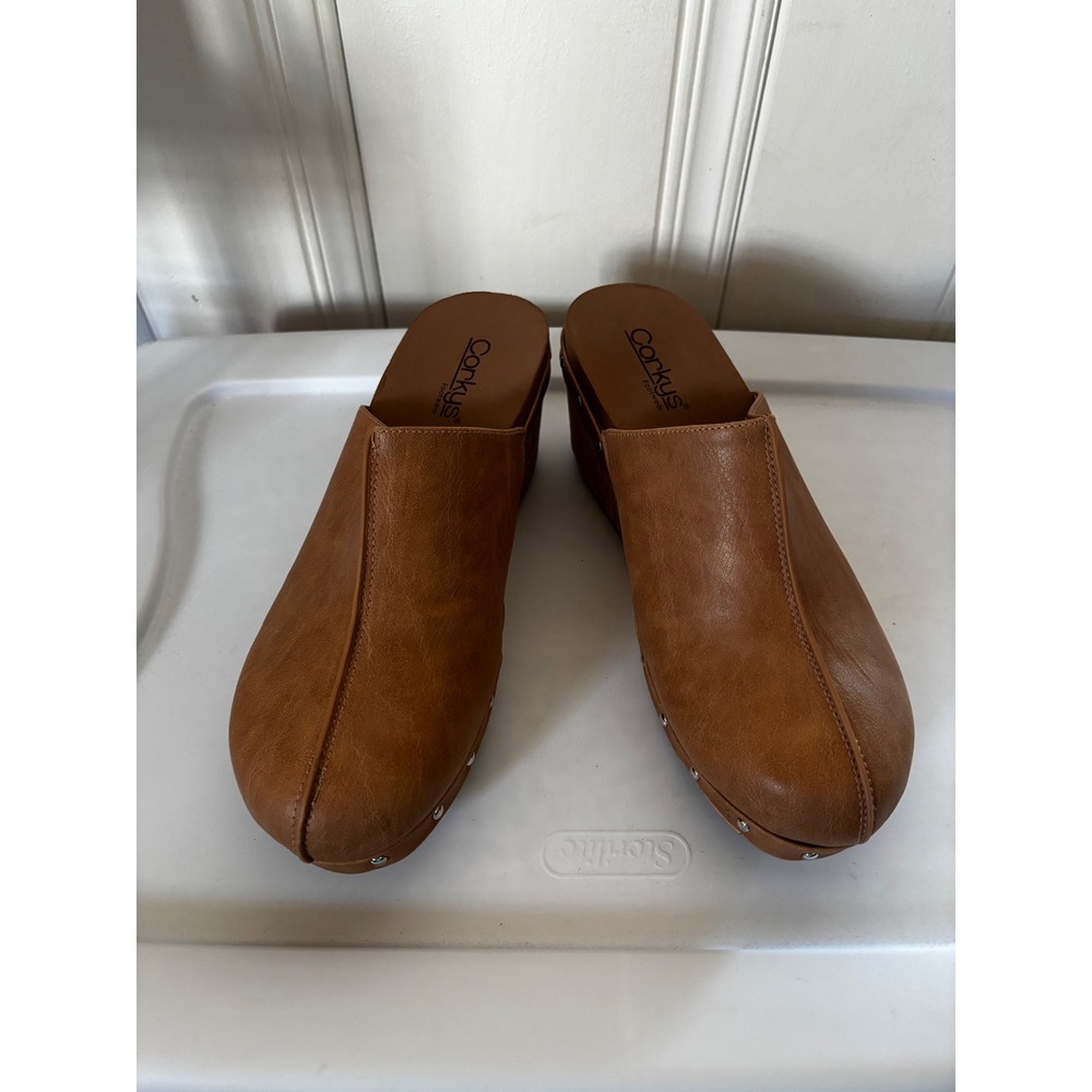 Corkys Womens Size 10 Brown Faux Leather Clog Mules Studded Wedge Slip On Shoes